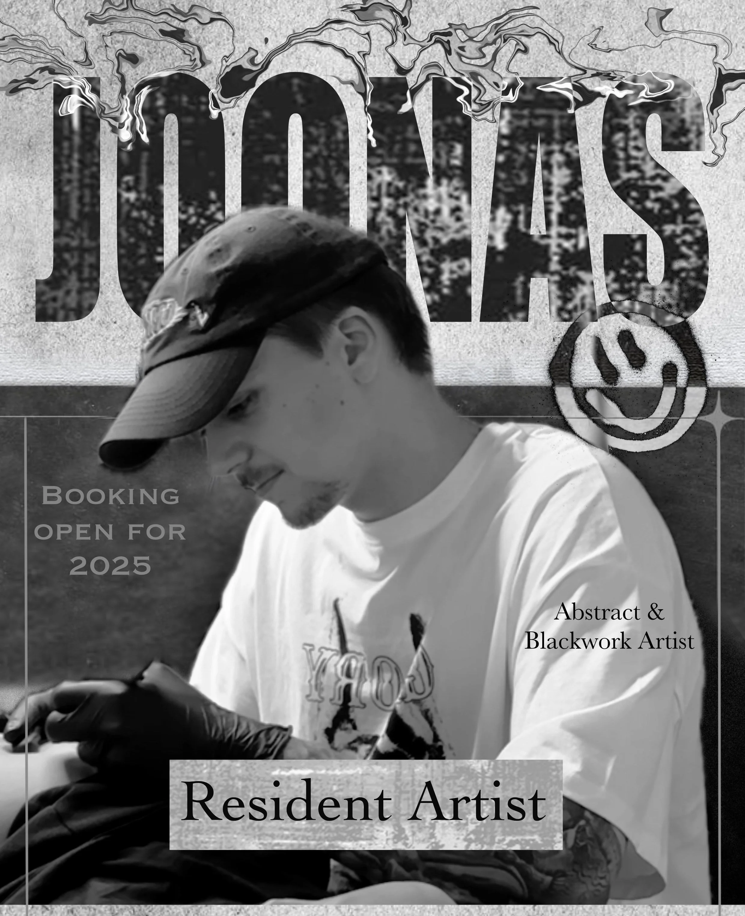 A young man wearing a cap and white t-shirt, sitting and looking at his phone. The background has artistic text that spells 'JOHNS' with abstract and blackwork art styles, and promotional text for an art residency and booking open for 2025.