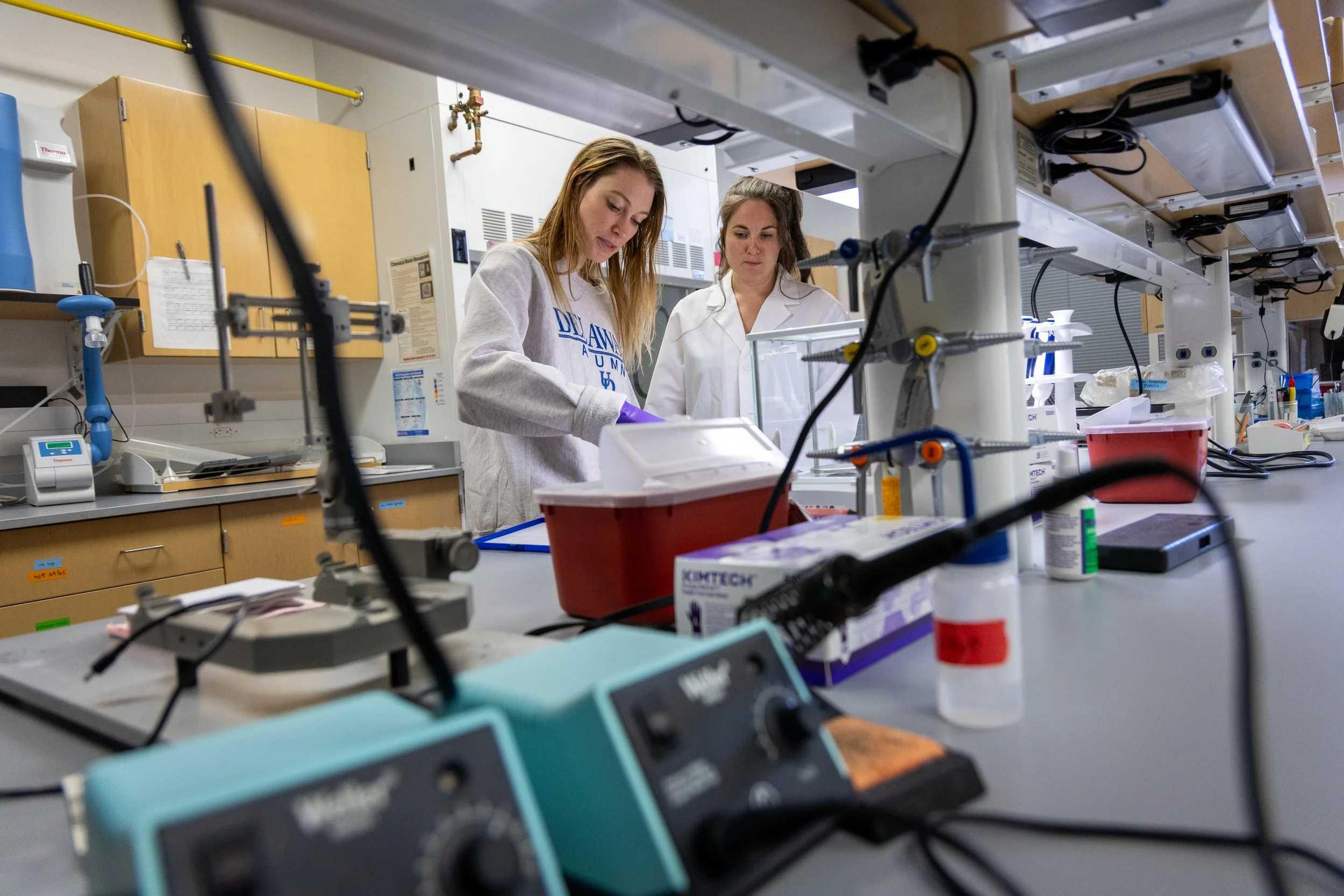 Two women at a work bench in a scientific lab