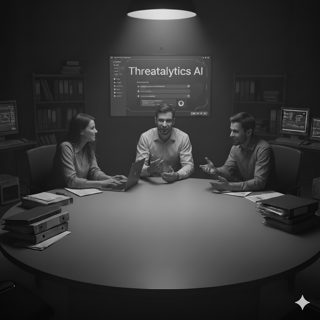 A black and white photo of three people sitting at a round table in a conference room, engaged in conversation. Behind them is a screen displaying 'Threatalytics AI' and a few computer monitors on desks to the sides.