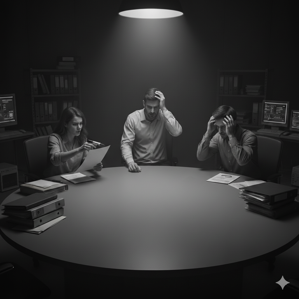 Three people in an office conference room, looking stressed and frustrated, with computers and files on the table.