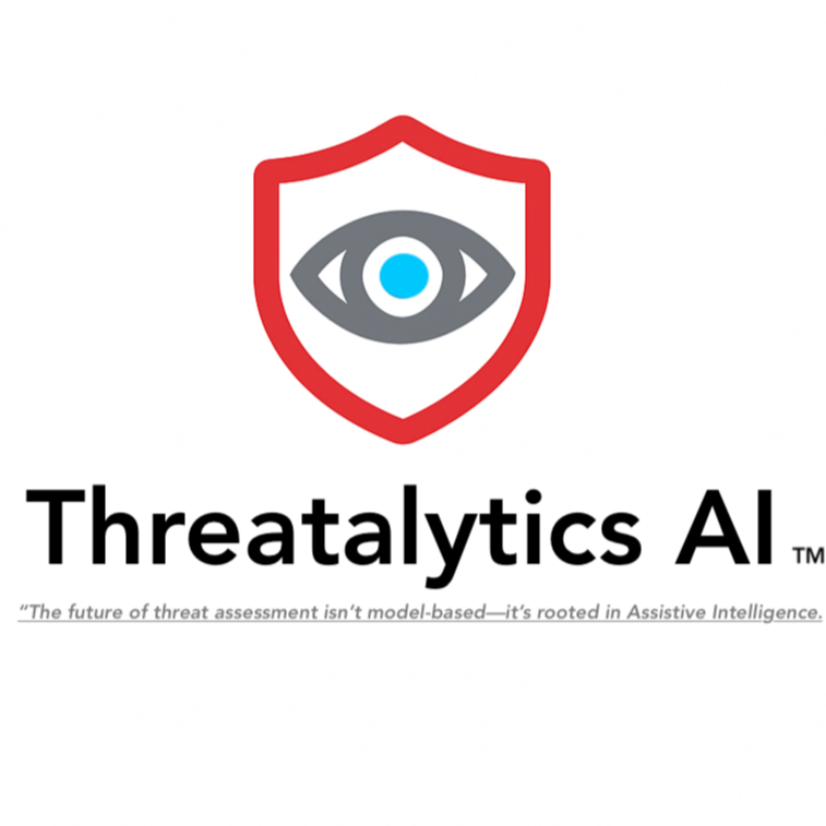 Logo for Threatalytics AI featuring a shield with an eye inside and the slogan "The future of threat assessment isn't model-based—it's rooted in Assistive Intelligence".