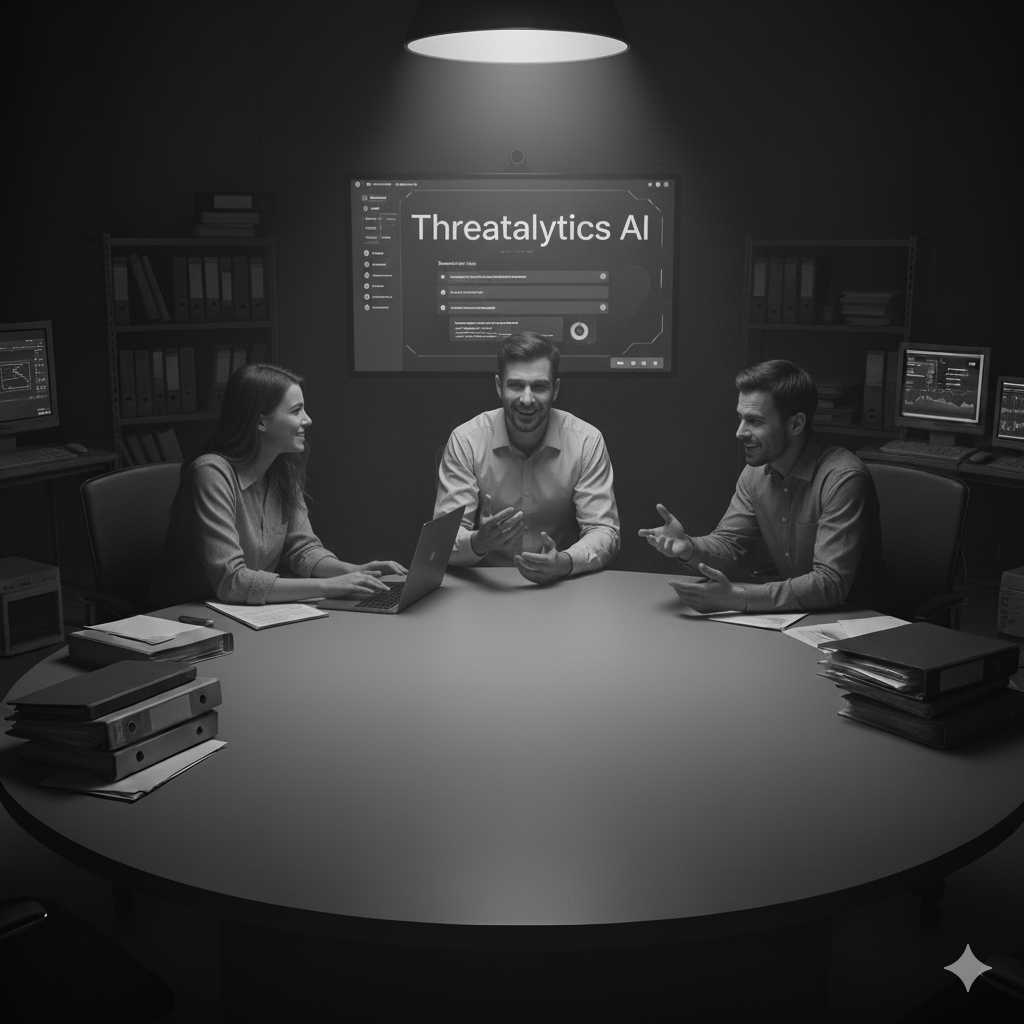 Logo for Threatalytics AI featuring a shield with an eye inside and the slogan "The future of threat assessment isn't model-based—it's rooted in Assistive Intelligence".