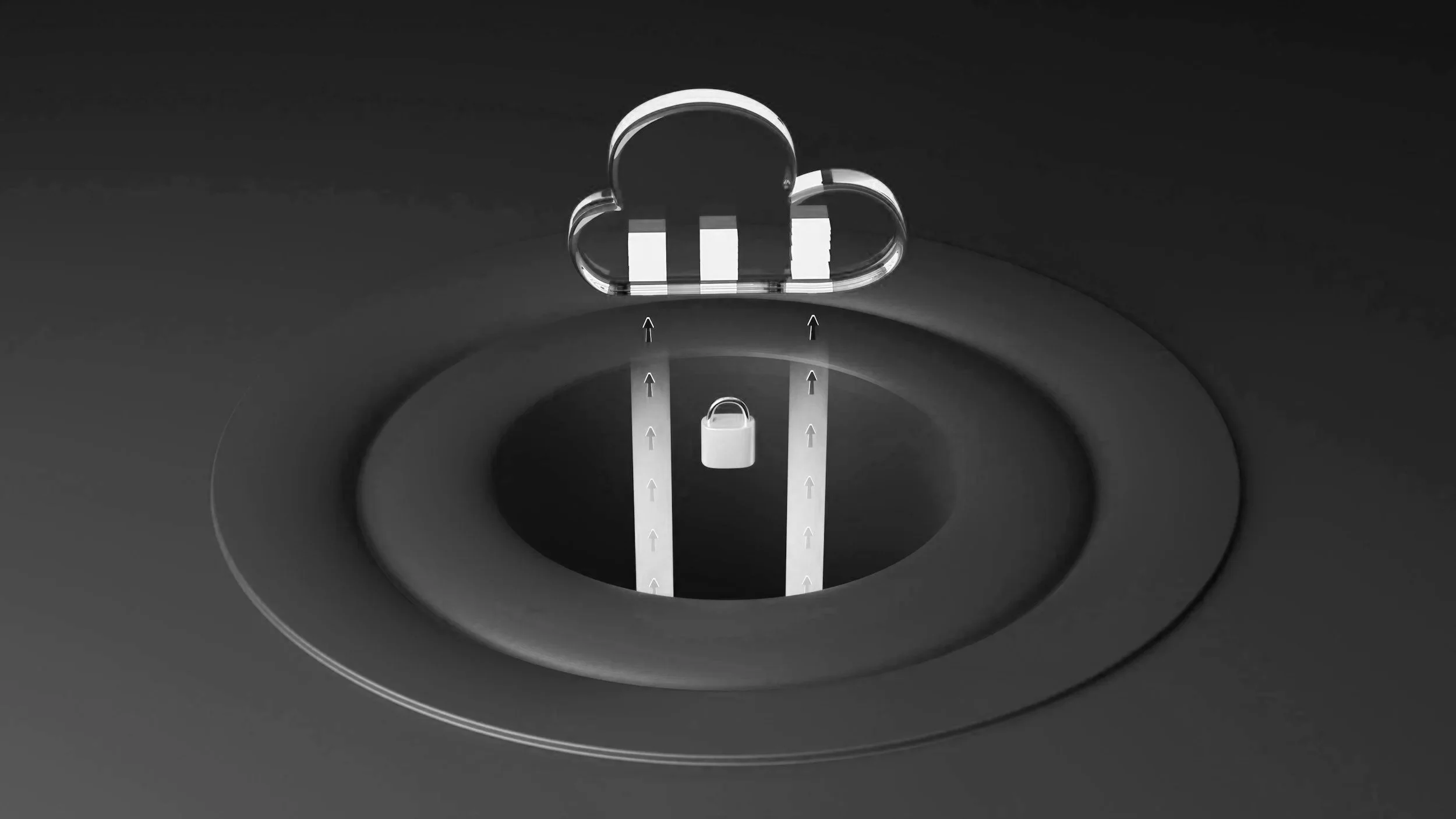 A diagram showing a cloud icon above a lock, connected by arrows indicating data transfer or synchronization.