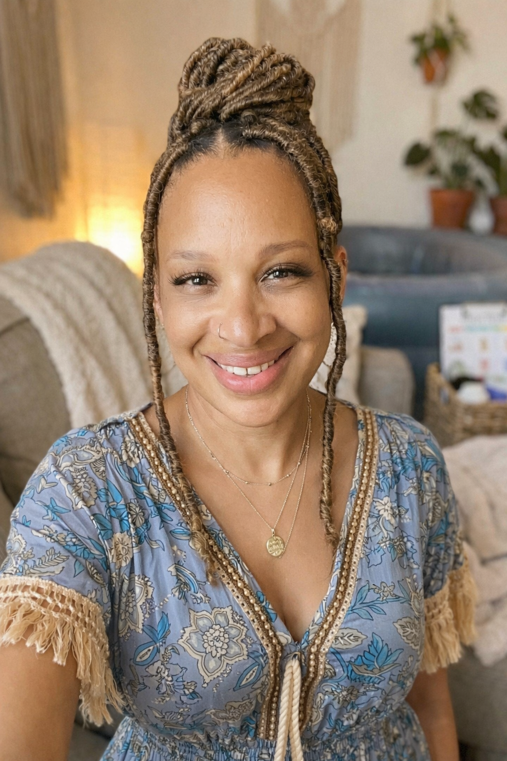 A smiling woman with light brown skin, blonde braided hair styled in an updo, wearing a blue floral dress with tassel details, layered necklaces, and a nose ring. She is indoors with a cozy background of furniture, plants, and warm lighting.