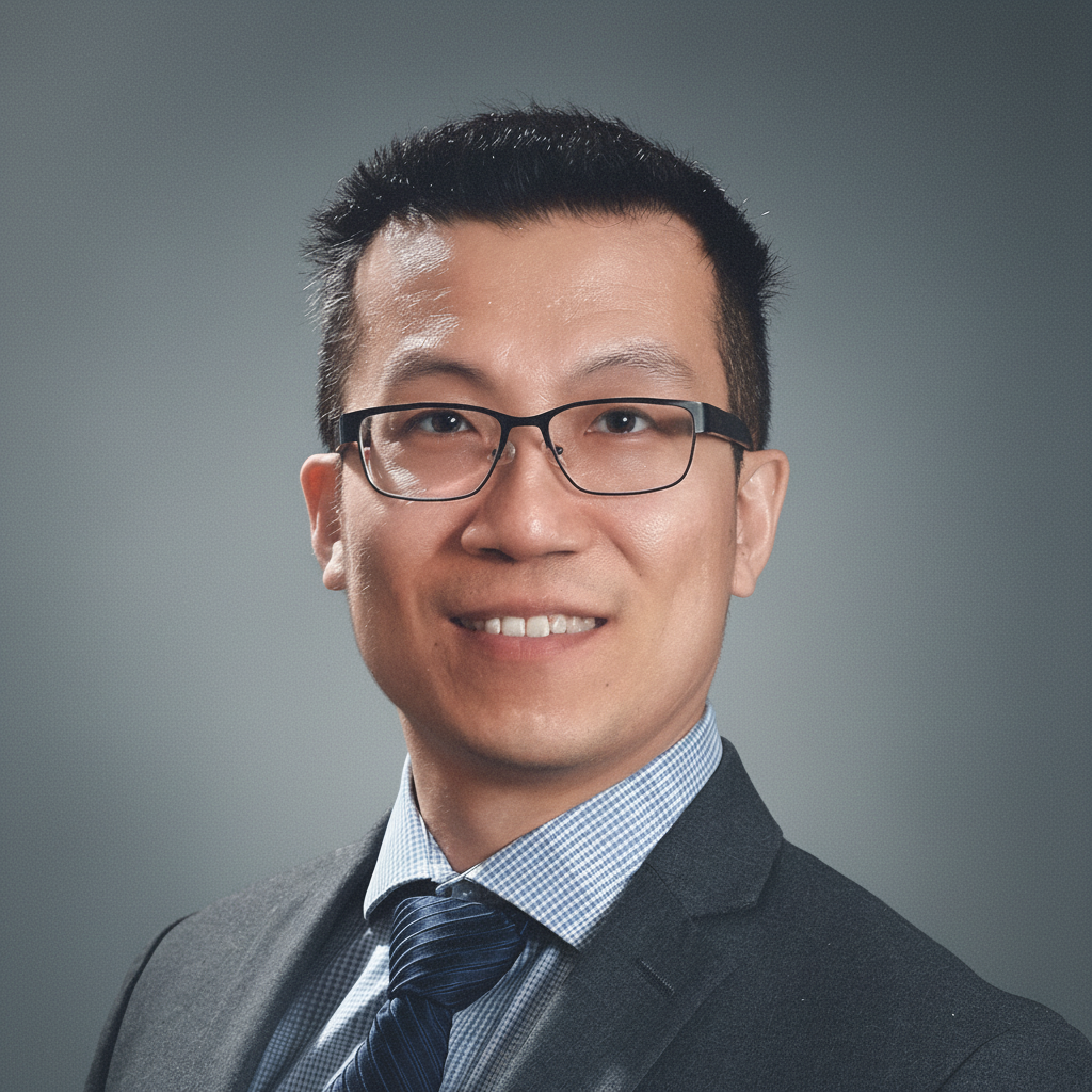 Professional portrait of a smiling Asian man wearing glasses, a grey suit, checkered dress shirt, and a navy striped tie, against a grey background.