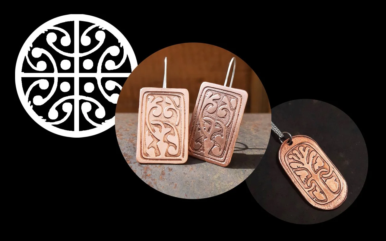 Collage picture of Fuller Brooch pattern, Anglo-Saxon earrings and Tree motif pendant