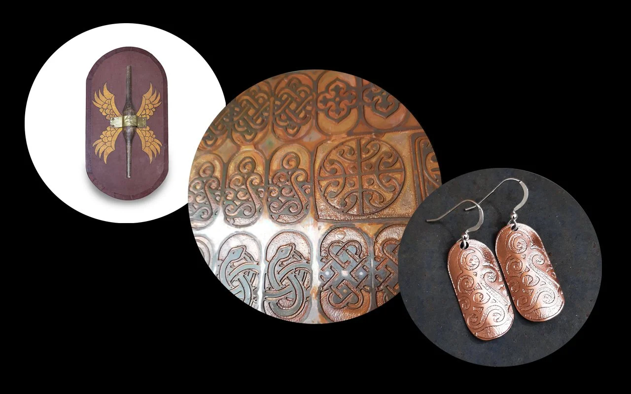 Collage picture of Roman shield, etched copper sheet and celtic wave earrings