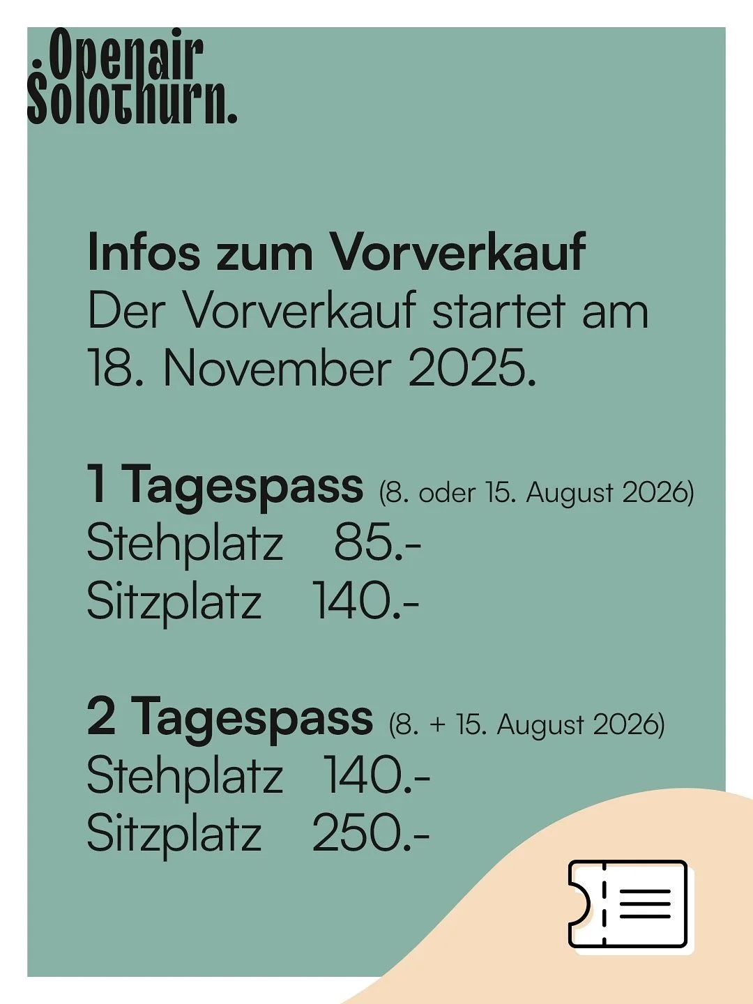 🎉 Der Countdown l&auml;uft! 🎉 
In 6 Tagen startet der Vorverkauf f&uuml;r das Openair Solothurn 2026! 
Sichere dir dein Ticket f&uuml;r das musikalische Sommer-Highlight direkt vor den Toren der Altstadt!