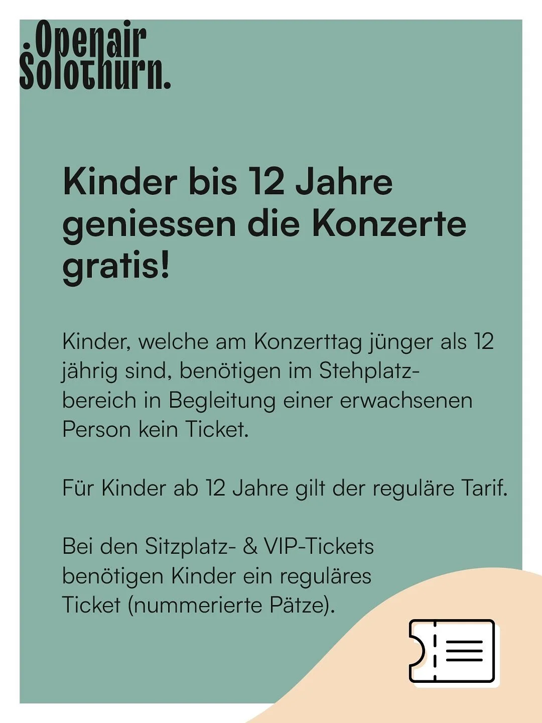 🎉 Es ist bald so weit! 🎉
Der Ticketverkauf f&uuml;rs Openair Solothurn startet diesen Dienstag, 18. November 2025 &ndash; sichere dir deinen Platz f&uuml;r ein unvergessliches Festivalerlebnis! 🎶☀️

Good News f&uuml;r Familien:
Kinder bis 12 Jahre
