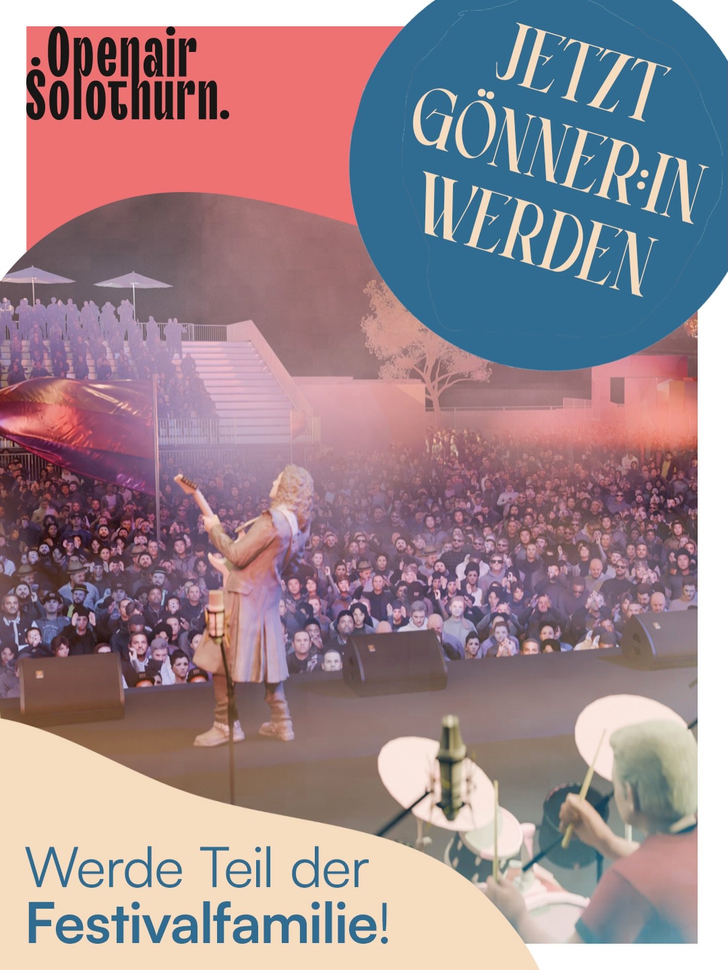 Gemeinsam machen wir Kultur m&ouml;glich!
Das Openair Solothurn lebt von Menschen, die mit Herzblut daf&uuml;r sorgen, dass Solothurn ein unvergessliches Festival erlebt!

Mit deinem Beitrag als G&ouml;nner:in wirst du Teil unserer Festivalfamilie. D