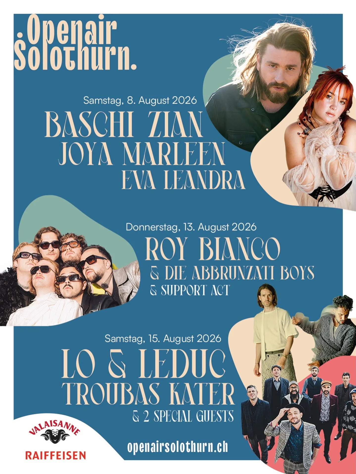 🎉 Openair Solothurn 2026! 🌞🎶
Lo &amp; Leduc, Roy Bianco &amp; Die Abbrunzati Boys, Baschi, Joya Marleen, Troubas Kater &amp; Zian direkt vor den Toren der Altstadt Solothurn!