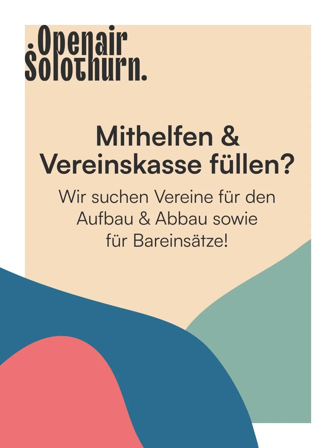 Wir suchen motivierte Vereine f&uuml;r
🔨 Auf- &amp; Abbau
🍹 Bareins&auml;tze w&auml;hrend dem Festival

Perfekt f&uuml;r eure Vereinskasse und ein unvergessliches Festival-Erlebnis hinter den Kulissen!