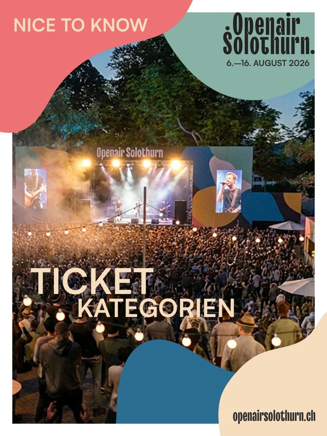 🎟️ NICE TO KNOW: Unsere Ticket-Kategorien

Beim Openair Solothurn hast du die Wahl:
▪️ Stehplatz &ndash; mitten im Geschehen 
▪️ Sitzplatz &ndash; dein fixer Platz mit Komfort 
▪️ VIP Hospitality &ndash; das volle Erlebnis, feinste Speisen &amp; all