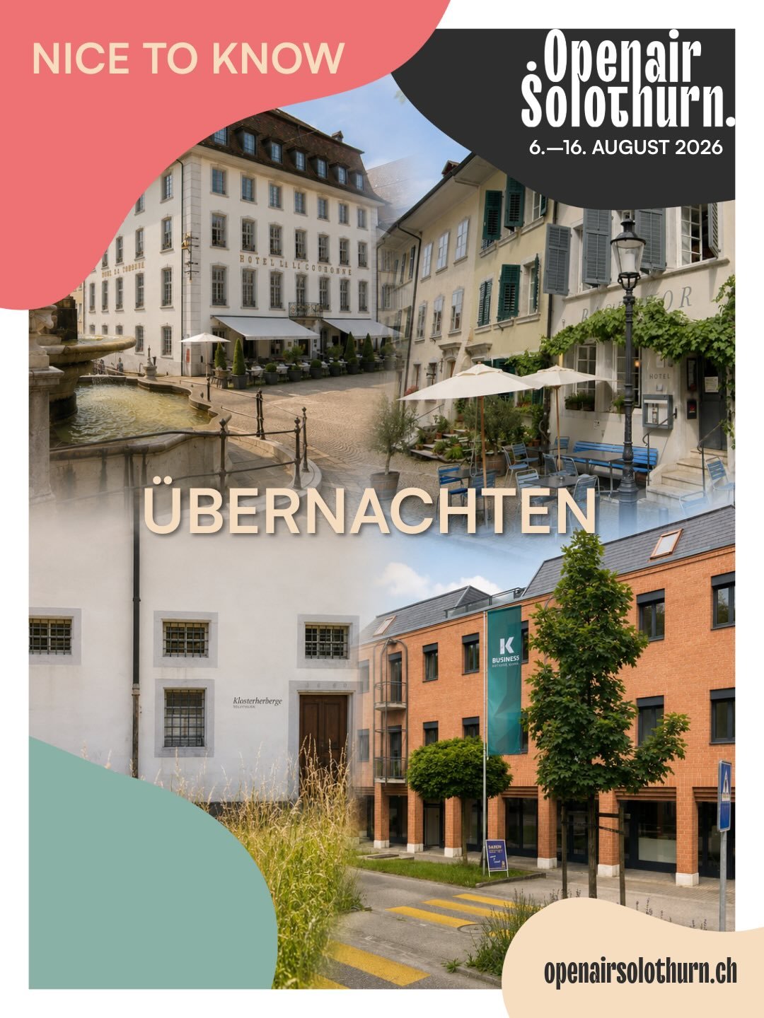 🏨 NICE TO KNOW: &Uuml;bernachten mit Vorteil

Mach dein Openair-Erlebnis komplett und geniesse nicht nur die Musik, sondern auch eine entspannte, stressfreie &Uuml;bernachtung ganz in der N&auml;he.

Profitiere exklusiv vom Openair-Angebot von 10% R