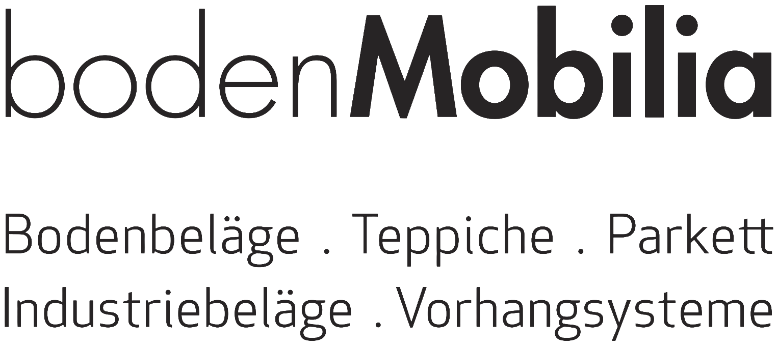 Logo von bodenMobilia mit schwarzen Schriftzügen für Bodenbeläge, Teppiche, Parkett, Industrieböden, Vorhangsysteme.
