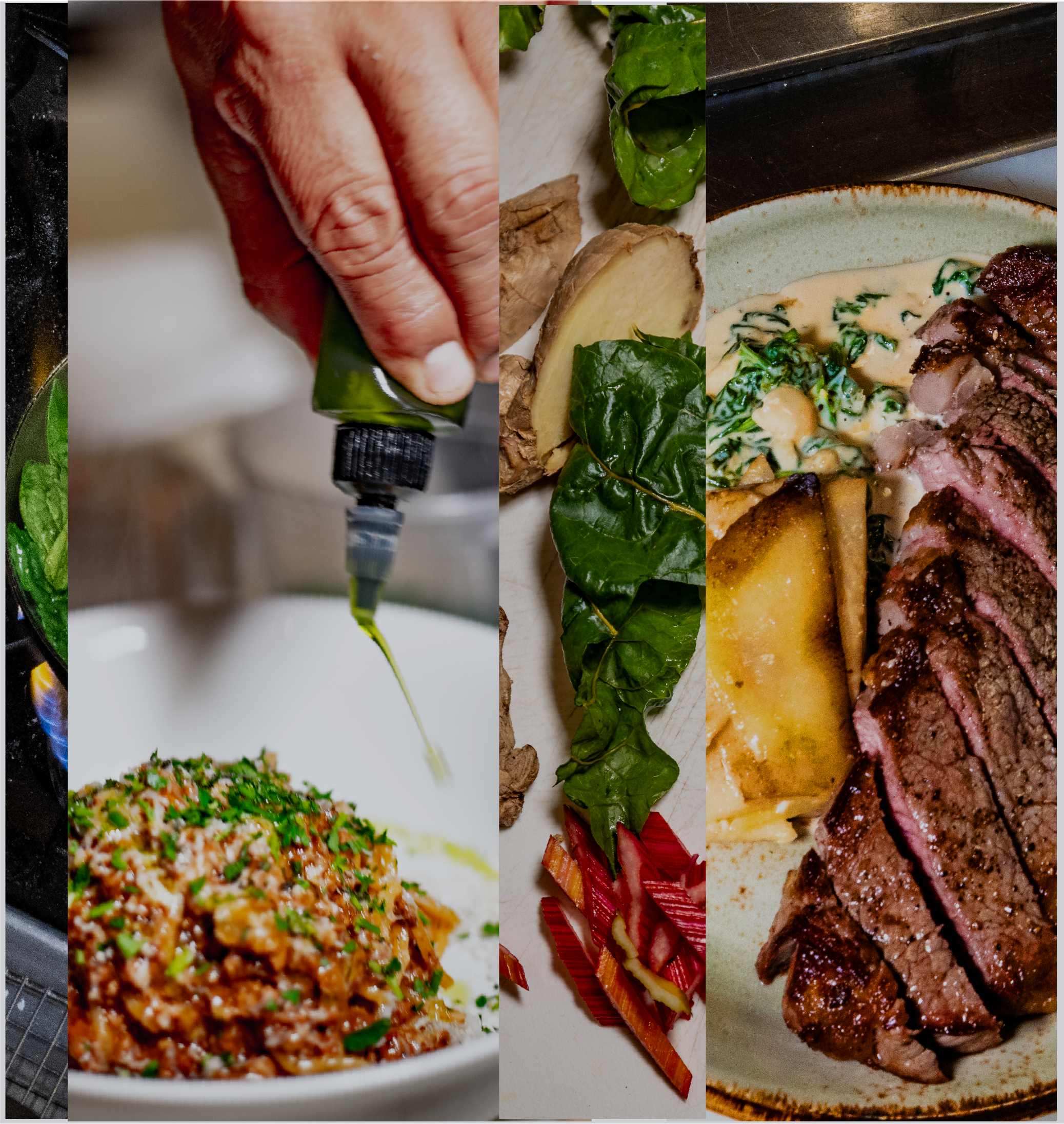A collage of three images showing food preparation. The first image shows a hand squeezing green sauce onto a dish of ground meat topped with herbs. The second image displays chopped ginger, potatoes, and leafy greens on a cutting board. The third image features a plate with slices of grilled steak, roasted vegetables, and a creamy herb sauce.