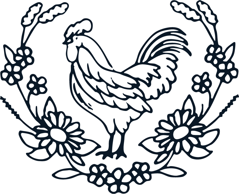The image features the outline of a rooster surrounded by floral patterns.