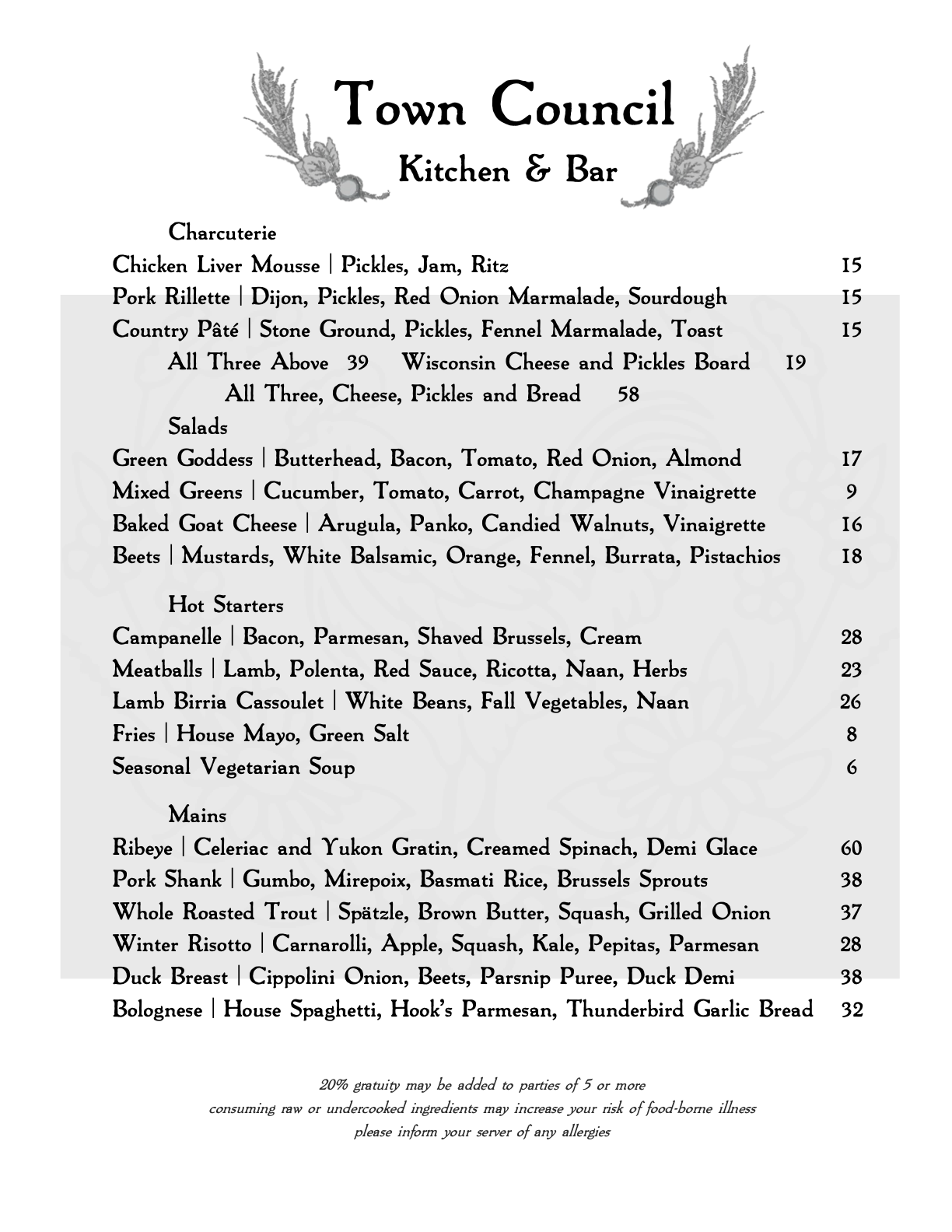 Menu for Town Council Kitchen & Bar featuring charcuterie, salads, hot starters, and main courses with prices listed.