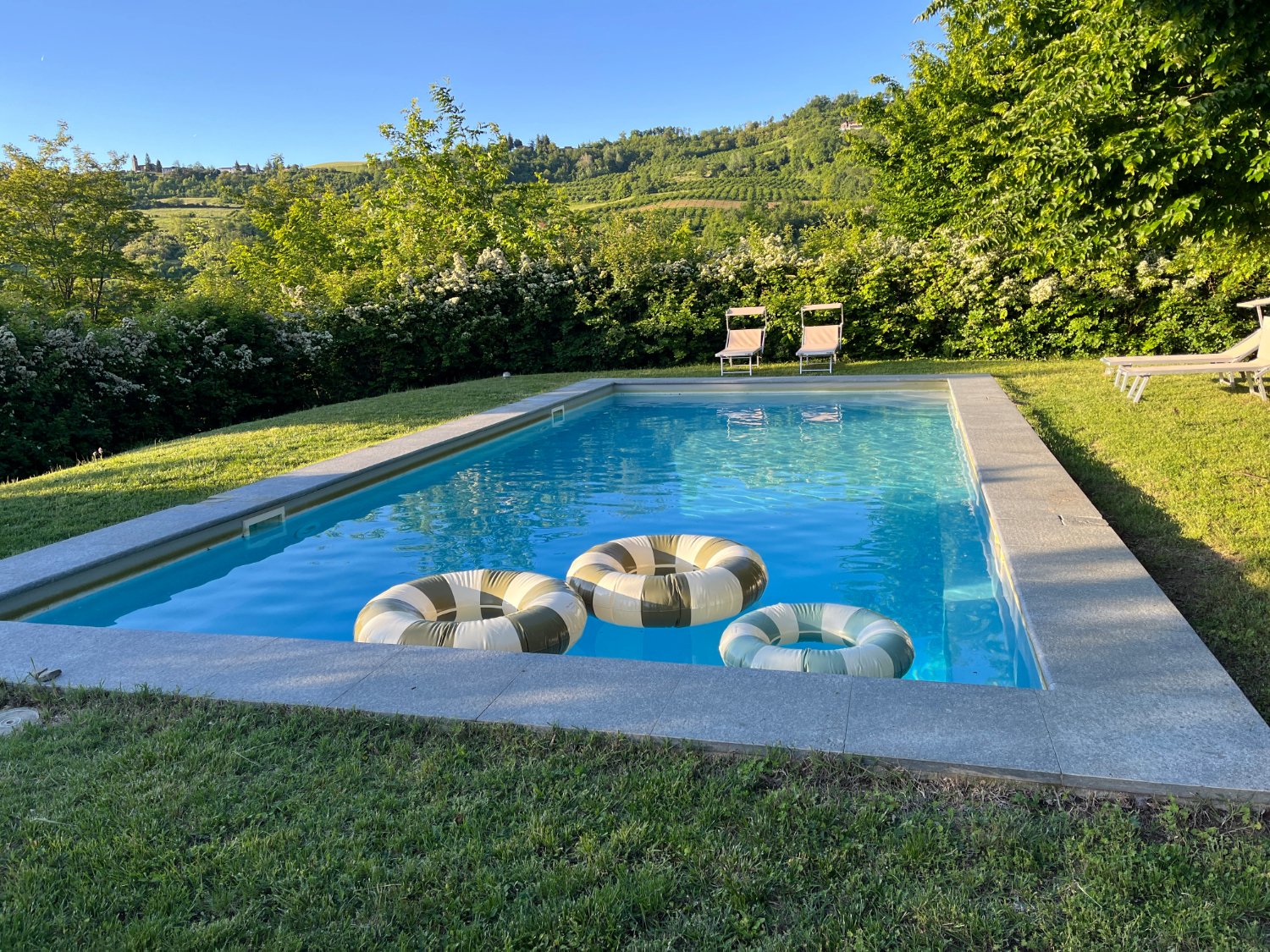 Private garden with a swimming pool in Roccaverano, Piedmont, Asti, Italy.