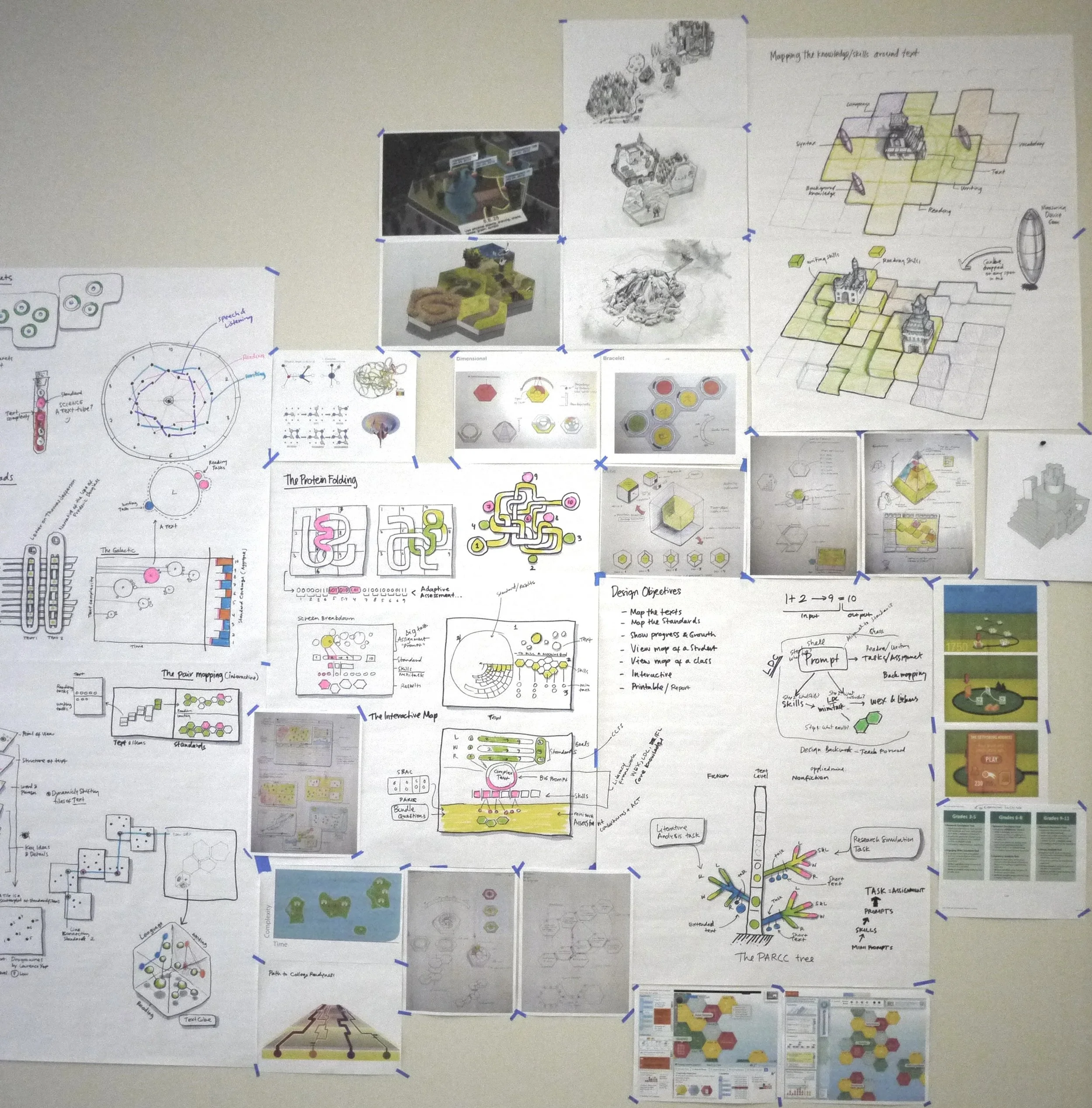 A wall covered with various sketches, diagrams, and notes related to science, design, and education projects, including maps, flowcharts, and illustrations.
