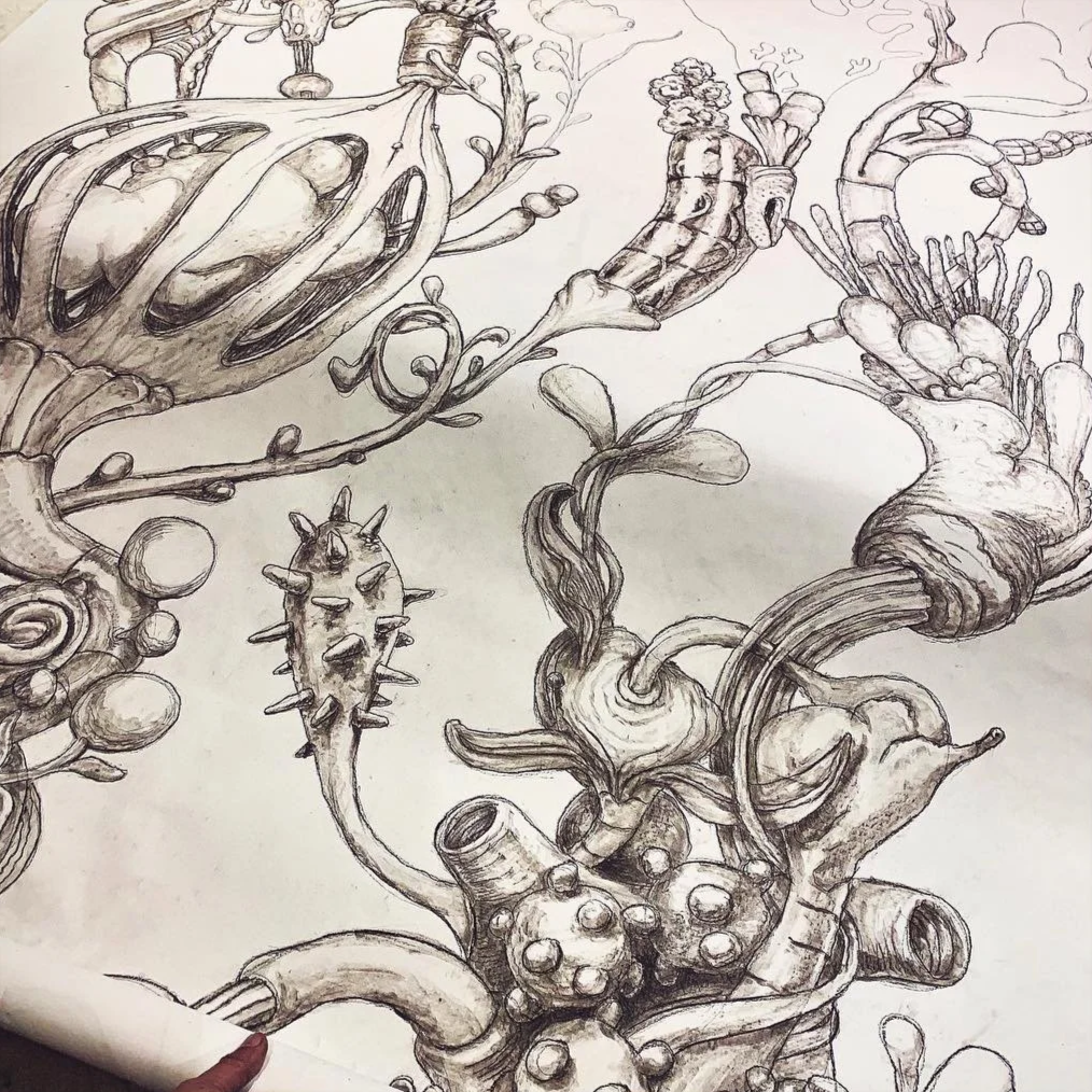Detailed black and white sketch of interconnected, fantastical plant and creature forms with twisting stems, bulbous growths, and spiky, armored creatures.
