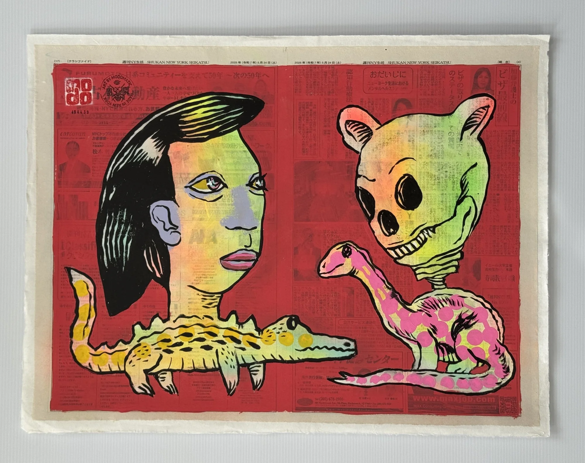 Let's Talk About The Past,  2025
Acrylic on newsprint, 23" x 18" 
Price: $350