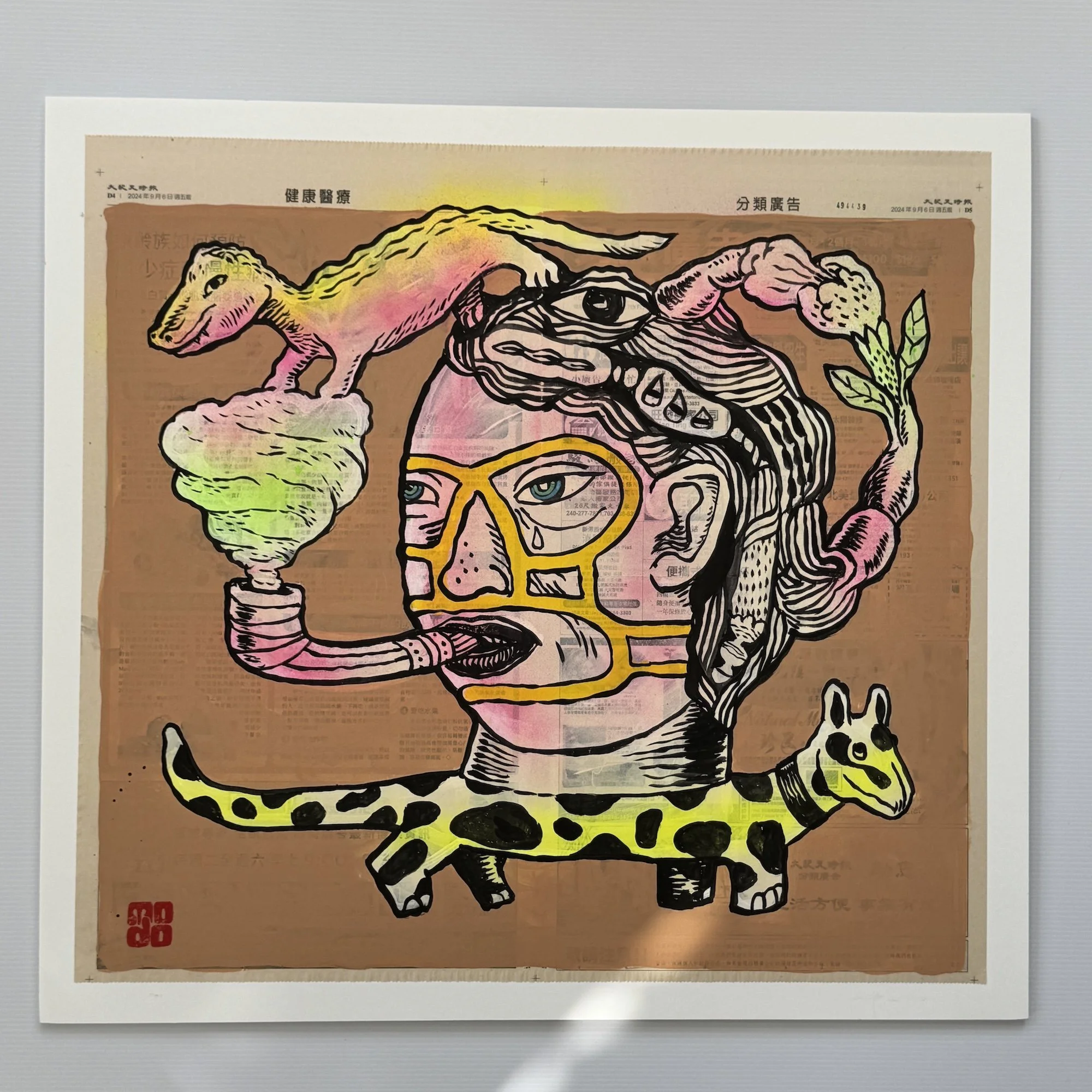 Headset. 2024
Acrylic on newspaper, mounted on foamcore board. 25" x 24"
Price: $500