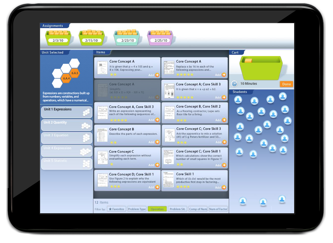 Tablet screen showing an online educational platform with courses, assignments, and student icons.