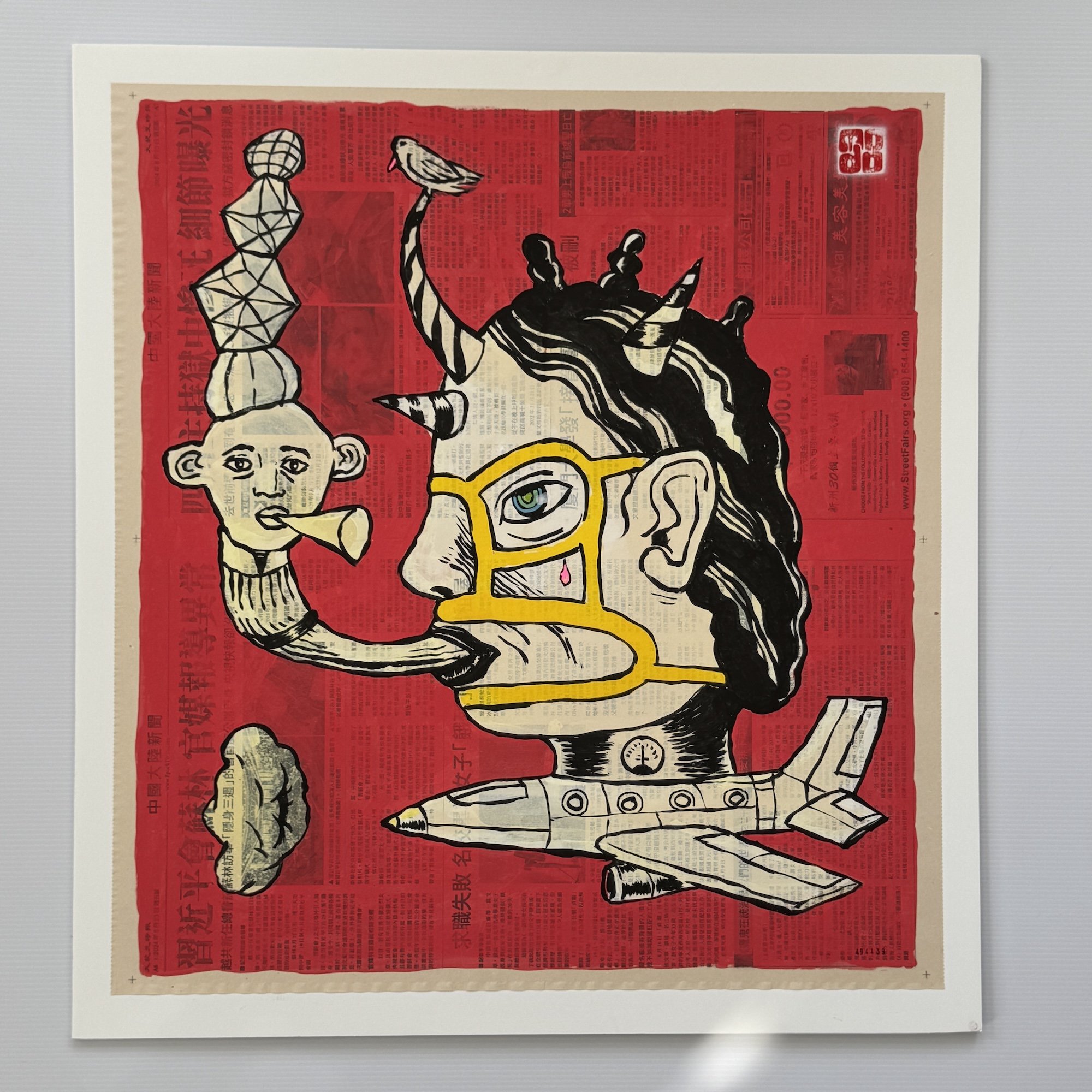 Headset. 2024
Acrylic on newspaper, mounted on foamcore board. 24" x 25" Price: $500