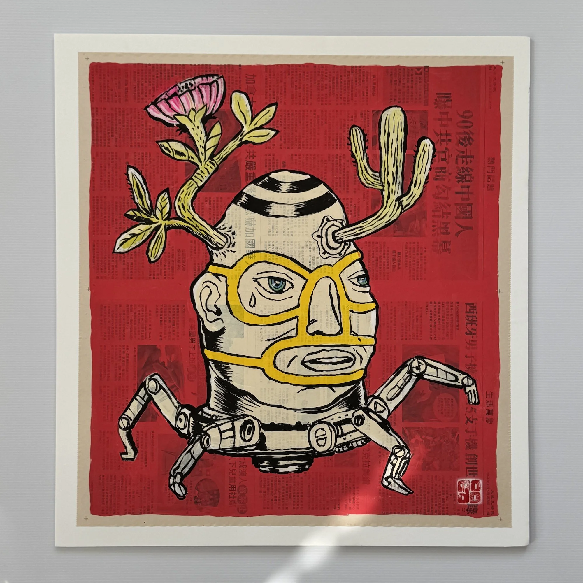 Headset. 2024
Acrylic on newspaper, mounted on foamcore board. 24" x 25" Price: $500