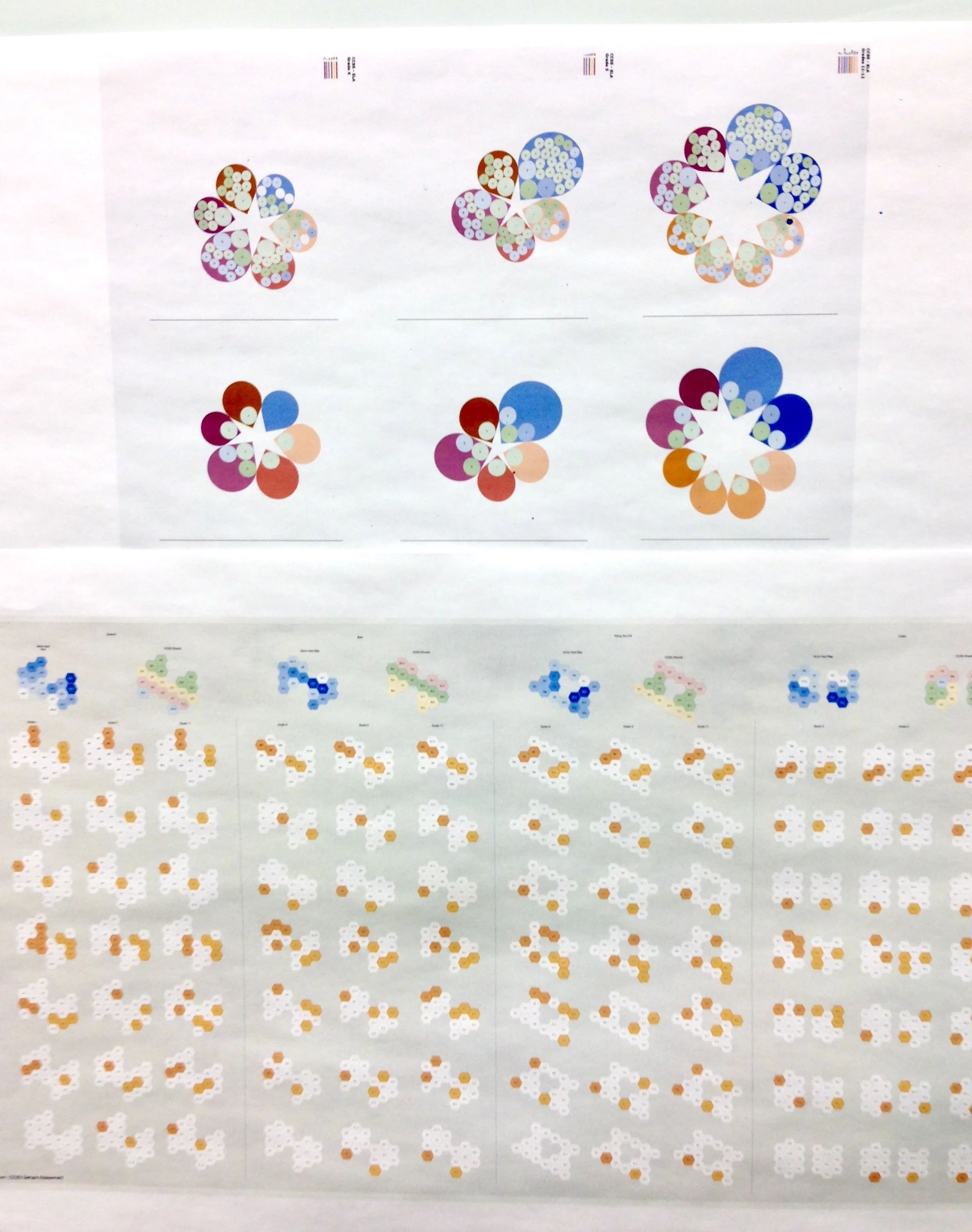 Colorful flower-like diagrams made of small circles, with some sections displaying a flower shape in various colors, and a larger chart below with small circles arranged in butterfly and other shapes, all on white background.