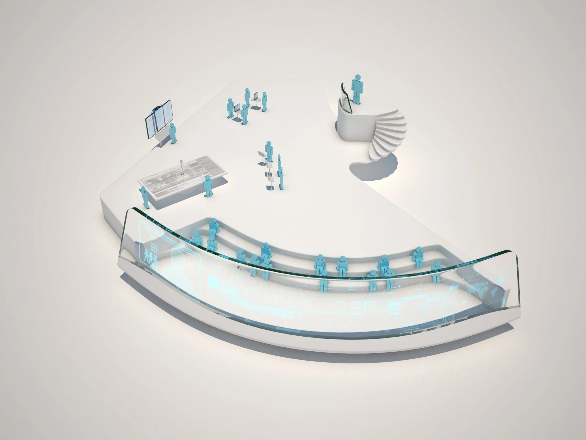 A futuristic digital layout of a public space with small blue human figures, glass panels with digital icons, and staircases, all set on a curved white platform.