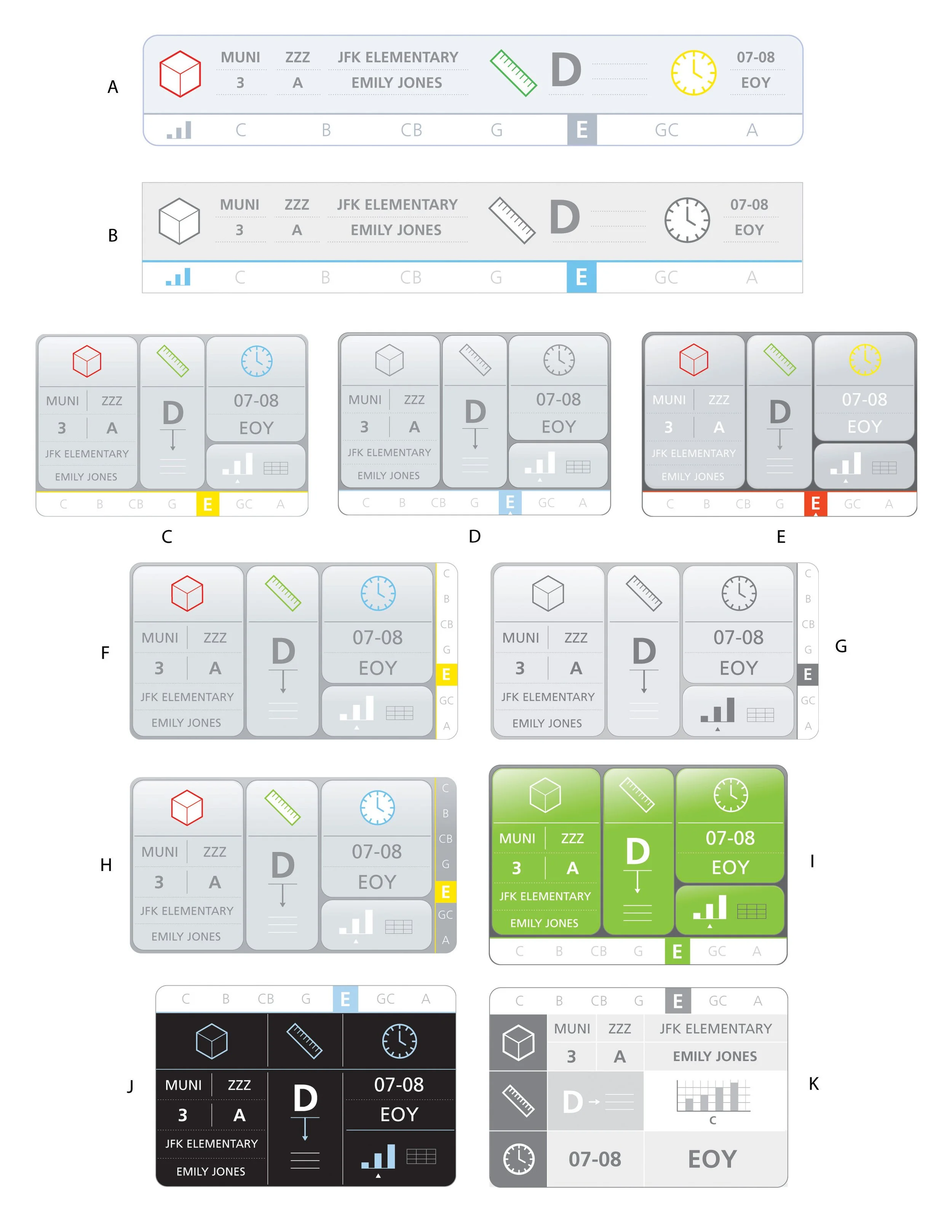 A collection of different styles of airline boarding passes for JFK Elementary, showing passenger Emily Jones, boarding gate E, flight date July 8, 2007, moderate to detailed graphic design with various colors and layouts.