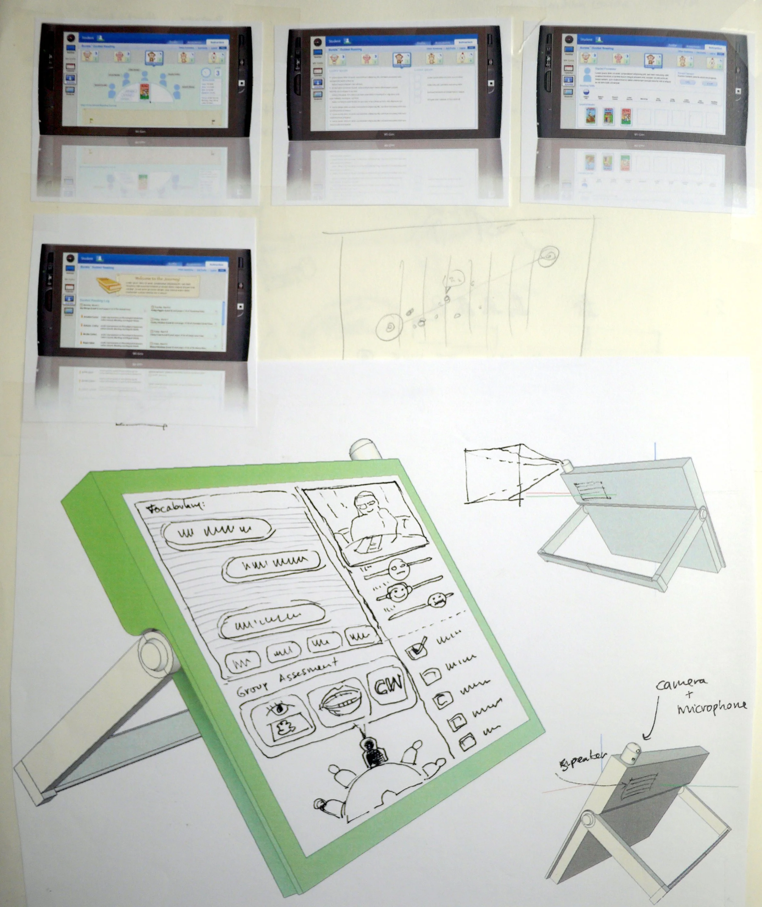 A combination of printed screenshots and a printed sketch of a digital classroom setup, including screens, a green tablet, a camera, microphone, and speaker with handwritten labels and annotations.