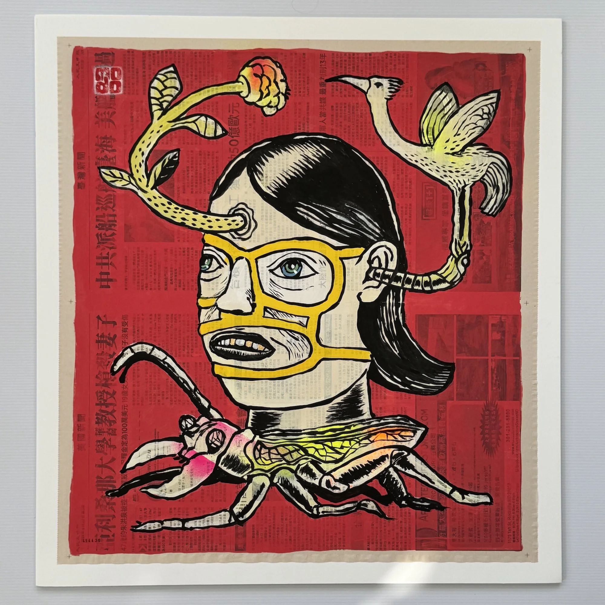 Headset. 2024
Acrylic on newspaper, mounted on foamcore board. 24" x 25" Price: $500