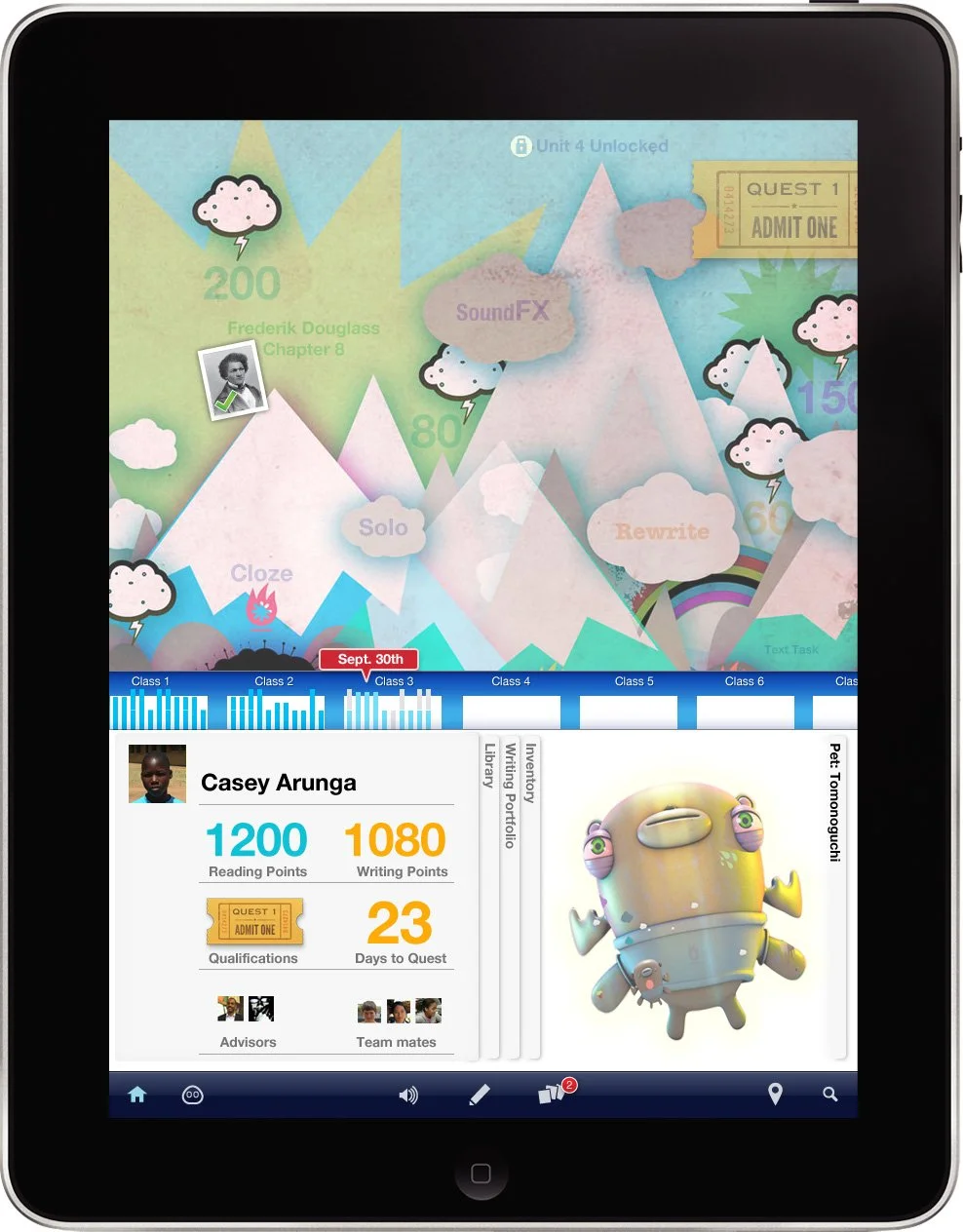 Digital device screen displaying a colorful fantasy-themed educational interface, with mountains, clouds, rainbow, and various class levels, along with a profile for 'Casey Arunga' showing points, qualifications, and team information, as well as a 3D