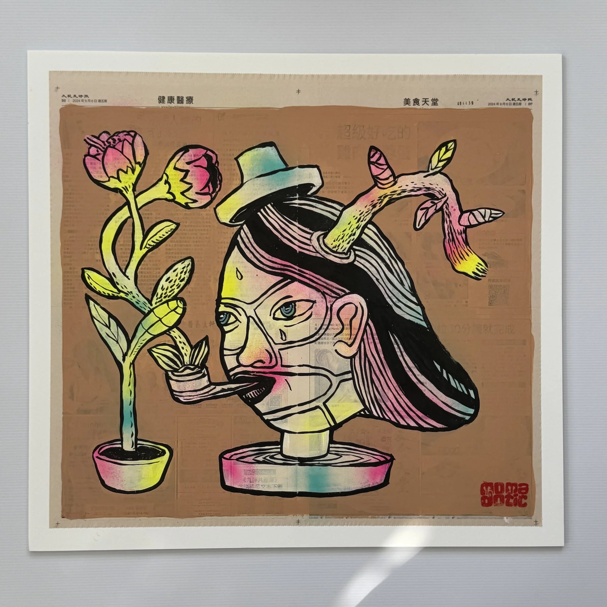 Headset. 2024
Acrylic on newspaper, mounted on foamcore board. 25" x 24"
Price: $500