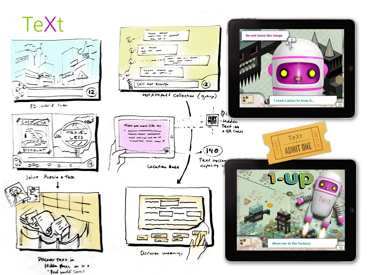 Sketches and screenshots of a robot-themed educational app, featuring a robot character, colorful graphics, and text bubbles.