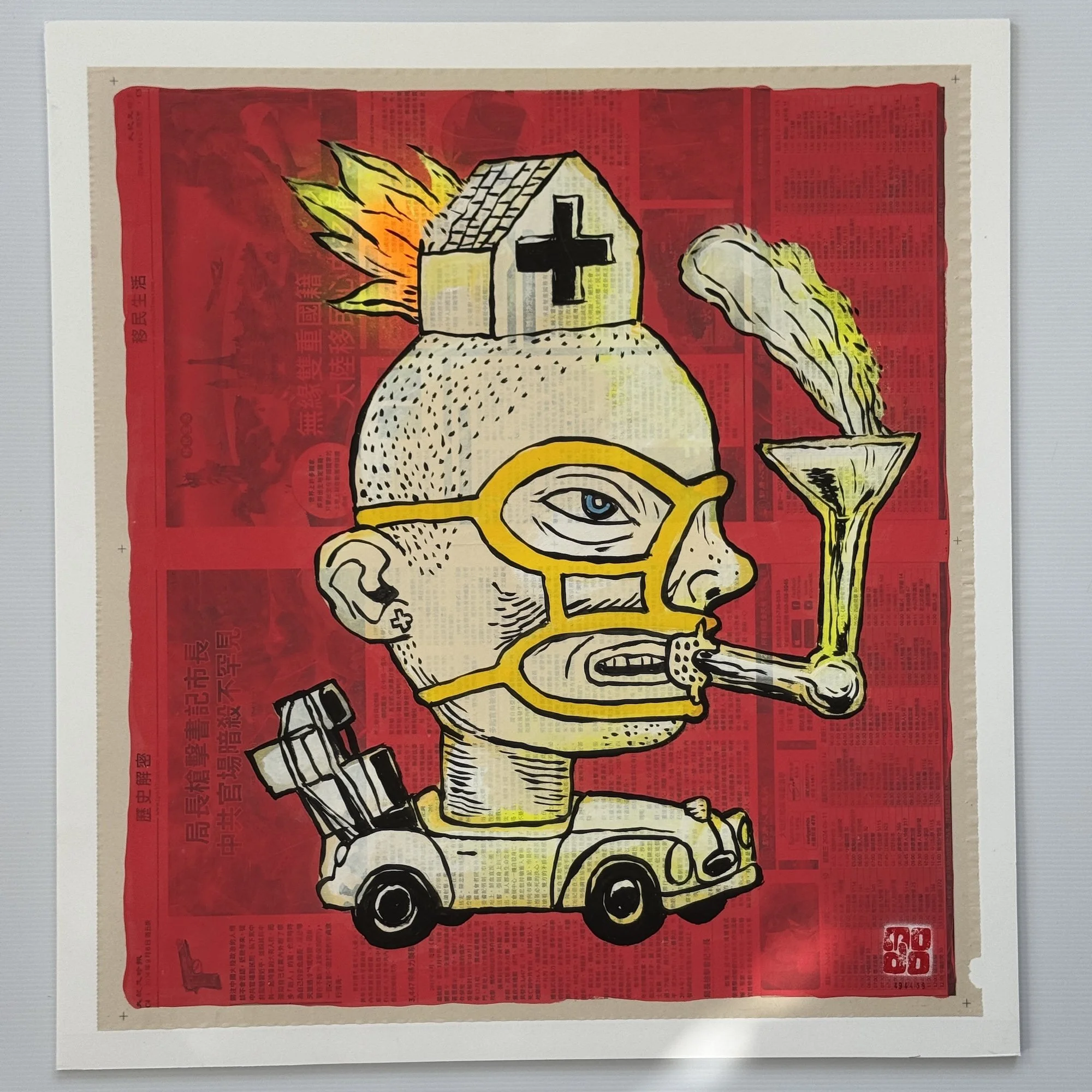 Headset. 2024
Acrylic on newspaper, mounted on foamcore board. 24" x 35" Price: $500