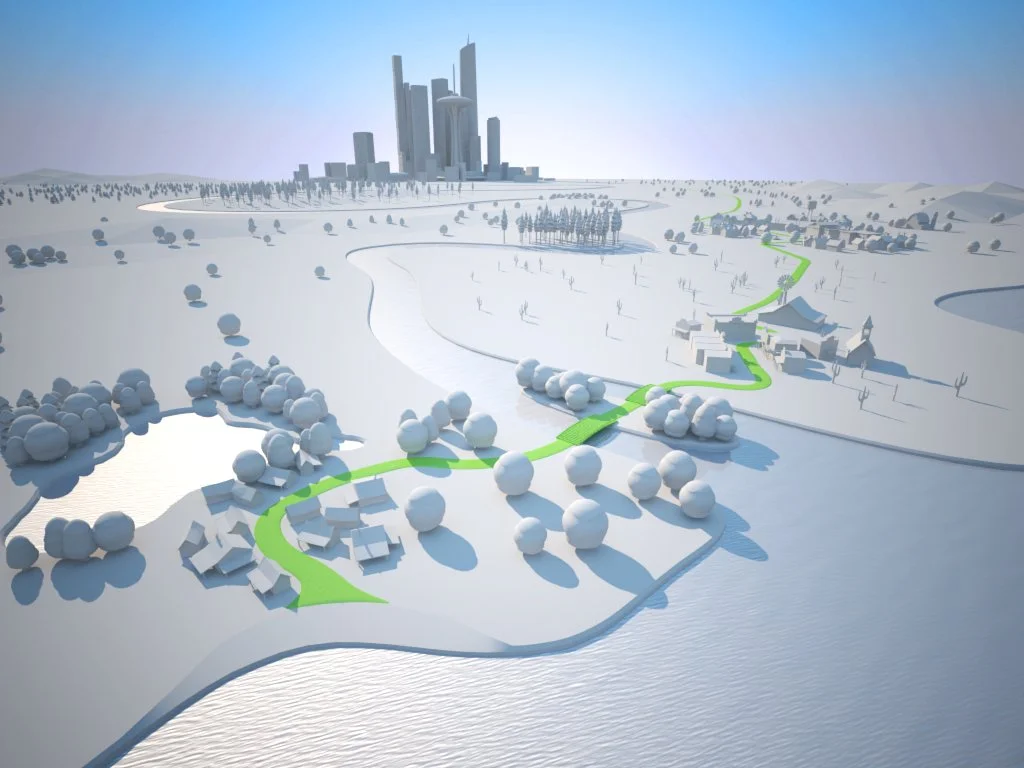 A digital rendering of a landscape showing a winding green pathway through a snowy area with trees and houses, leading toward a city skyline in the distance.