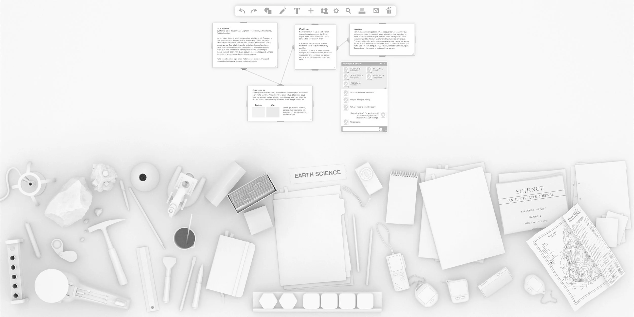 Array of science lab equipment and educational materials, including a microscope, books, notebooks, scientific pamphlets, pens, a density cube, a magnifying glass, and research documents related to earth science.