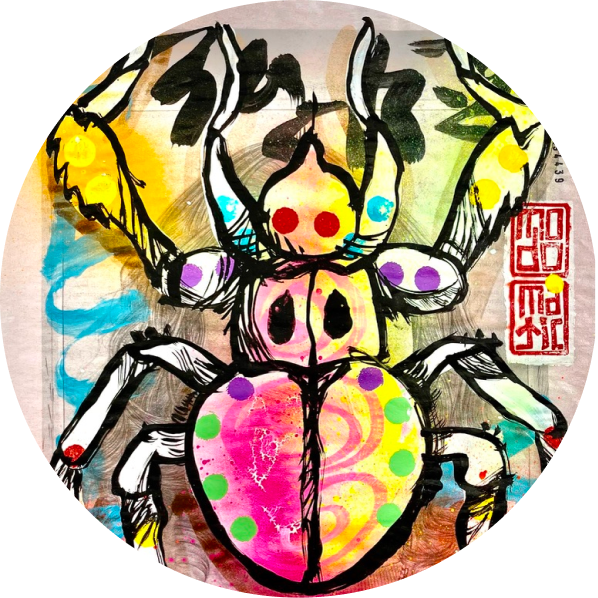 Colorful graffiti illustration of a crab on a bright blue background with a yellow sun in the top center.