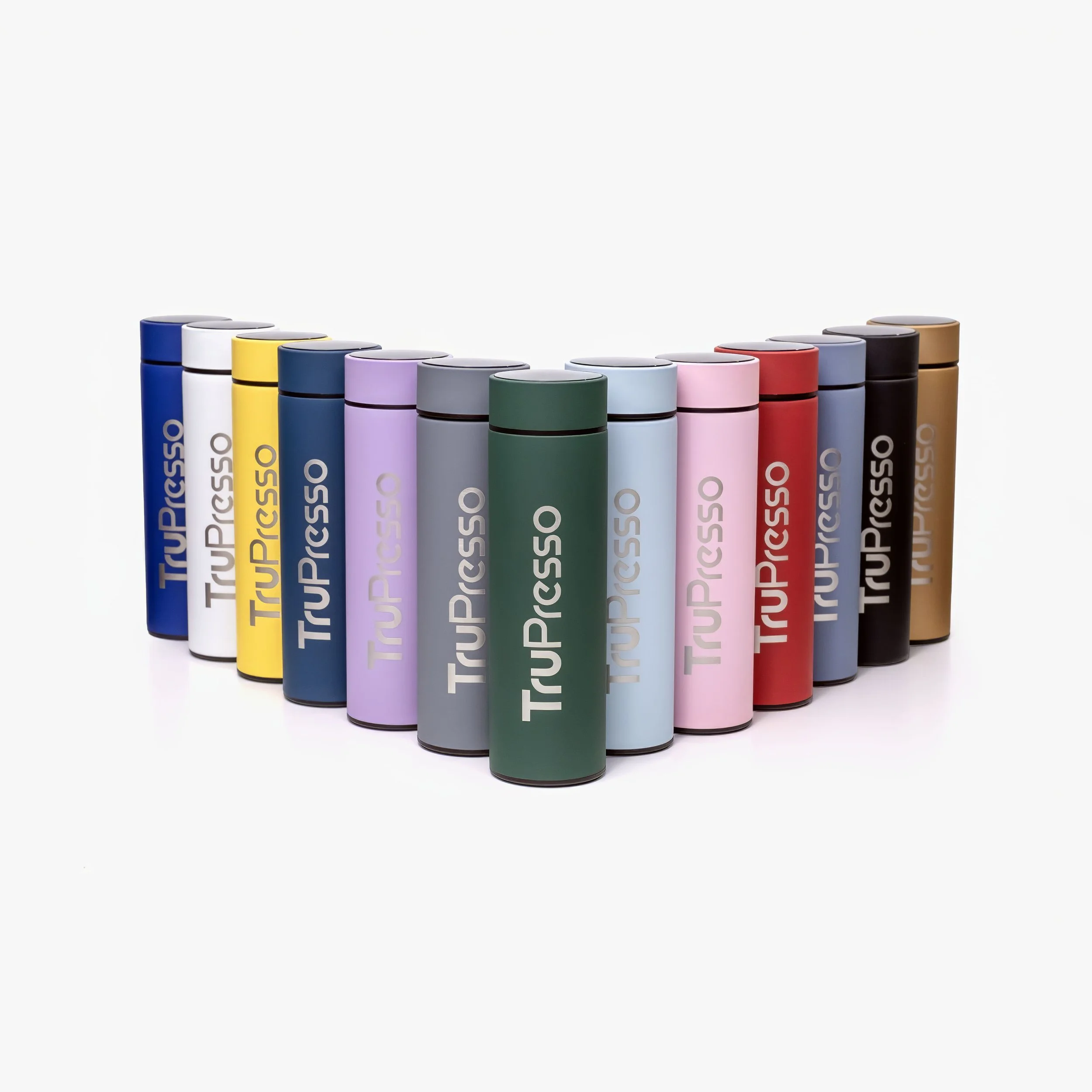 A row of colorful thermoses with the brand name 'TruPresso' on them, arranged in a semi-circle on a white background.