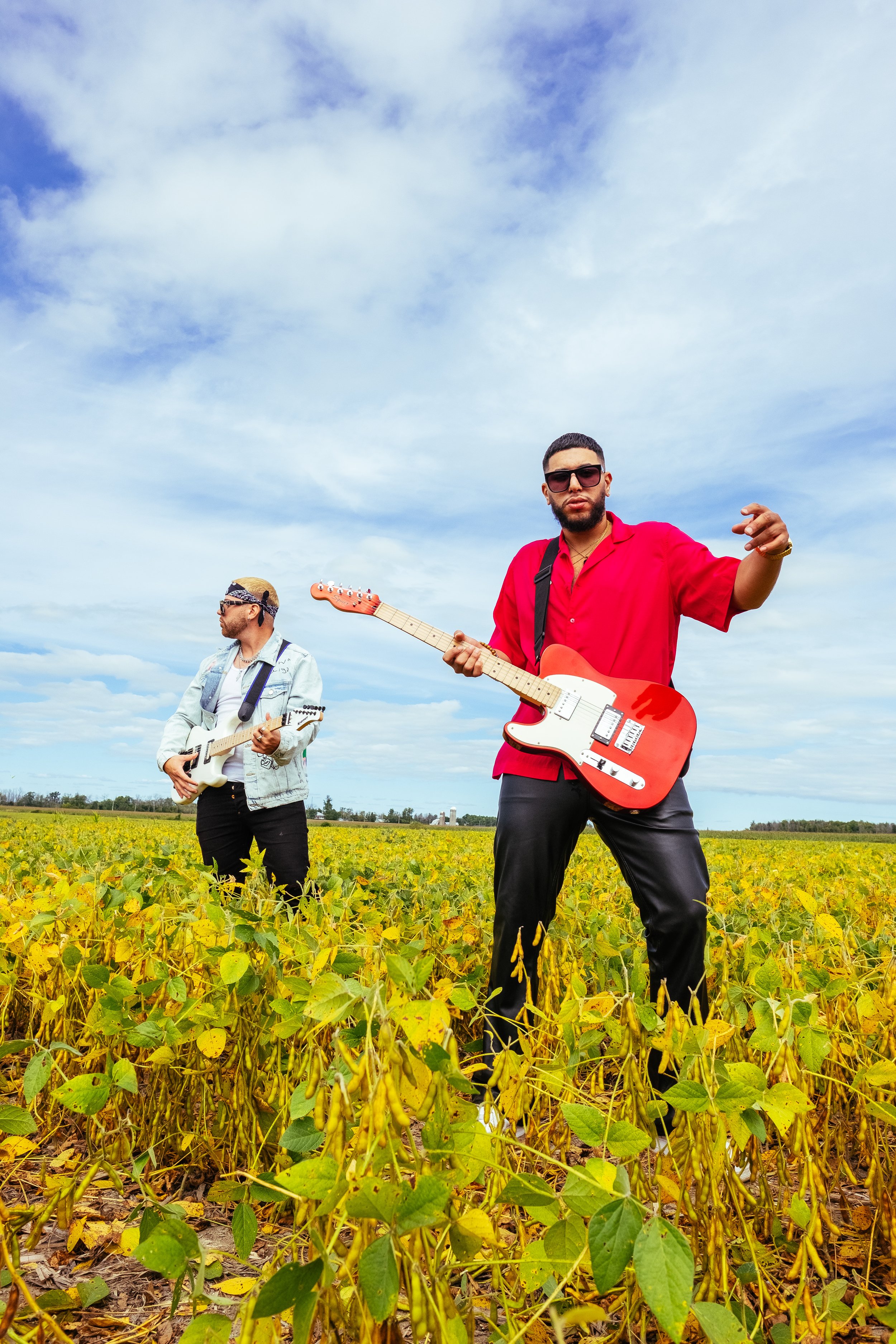 Two men playing guitars in a soybean field under a partly cloudy sky, with a city skyline visible in the distance.