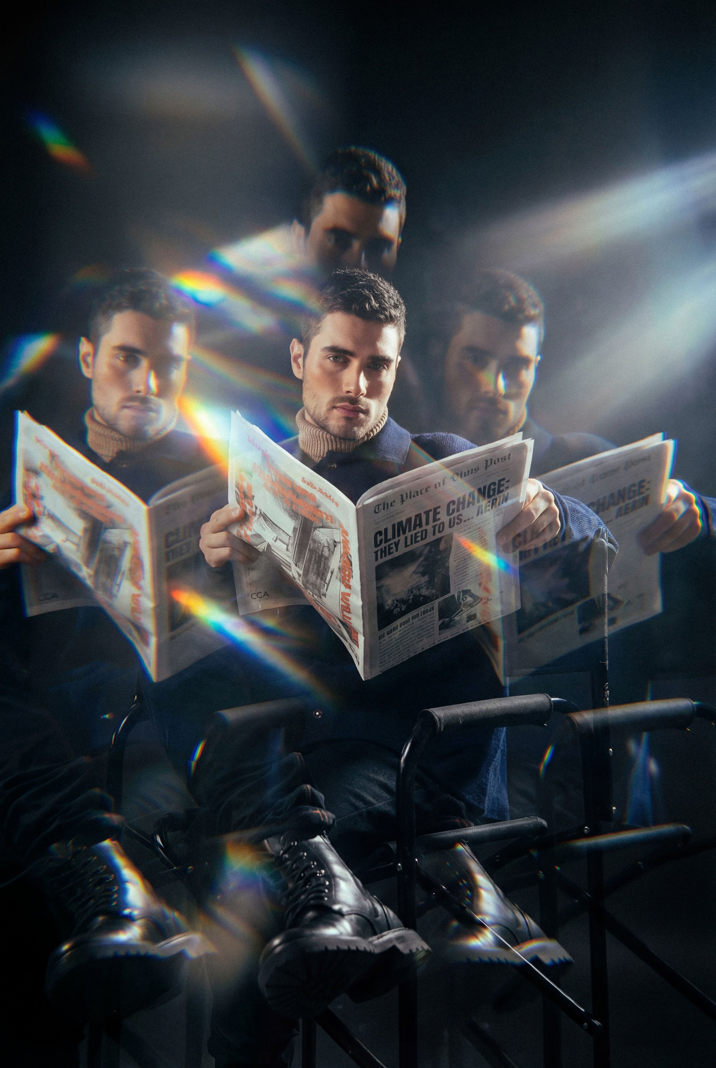 A man sitting in a wheelchair holding a newspaper with a headline about climate change, with multiple reflections of his face in a dark environment illuminated by rainbow light streaks.