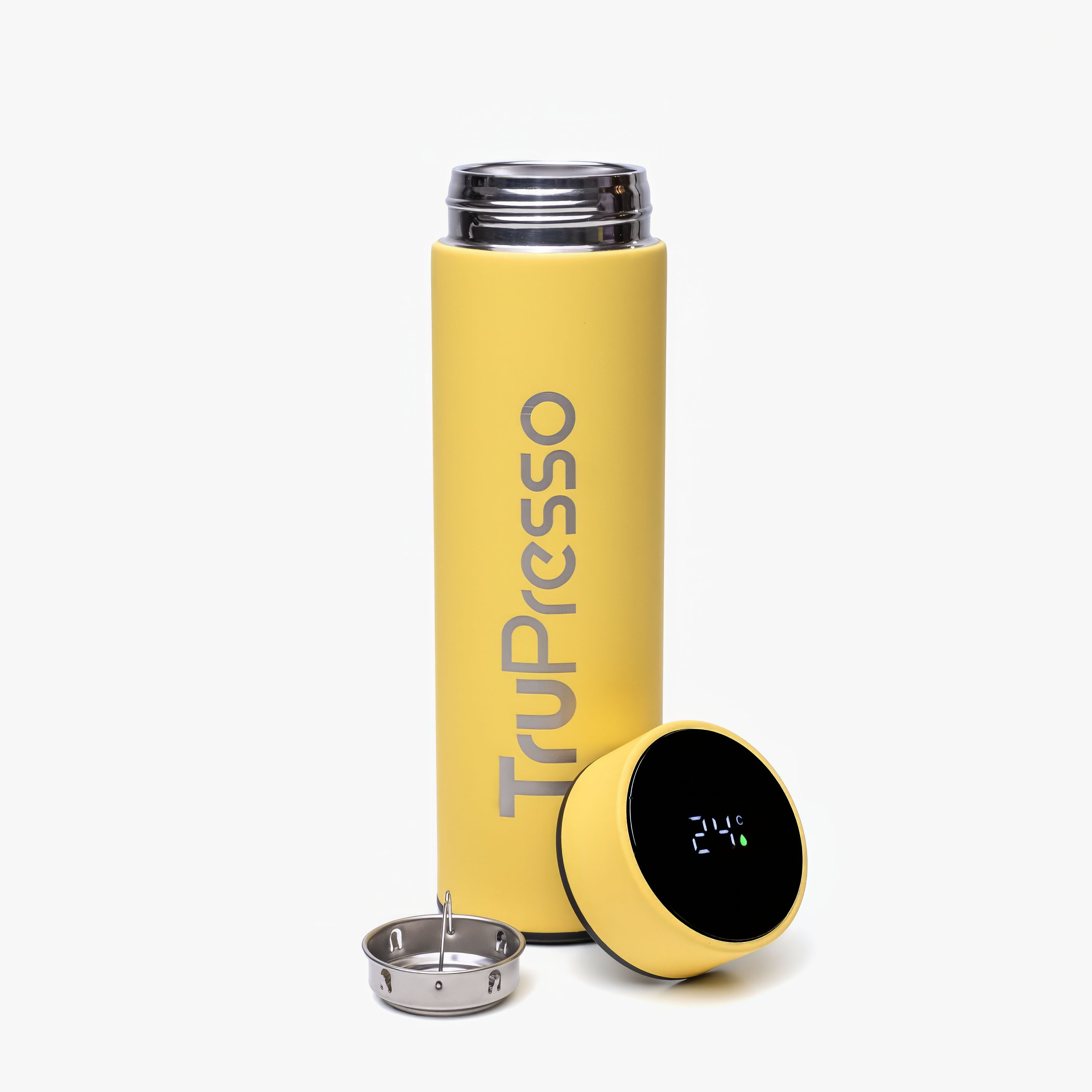 Videographer in Montreal capturing professional music videos, corporate videos, and live Yellow thermal flask with digital thermometer attached, displaying 21°C, and a small metal lid nearby. The flask has the words 'TruPlogicSSO' printed vertically.