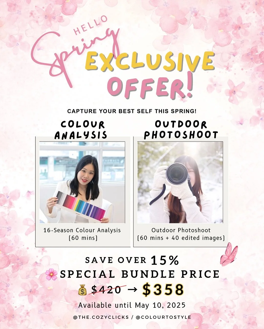 🌸 Discover Your Best Colours &amp; Capture Timeless Moments This Cherry Blossom Season! 🌸

Don&rsquo;t miss out on the chance to elevate your style and celebrate your unique beauty with our Colour Analysis &amp; Spring Photo Session Bundle! ✨

🎨 S