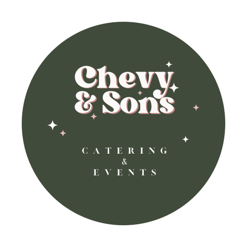 Logo for Chevy & Sons Catering & Events in a dark green circle with white and pink text and small star accents.