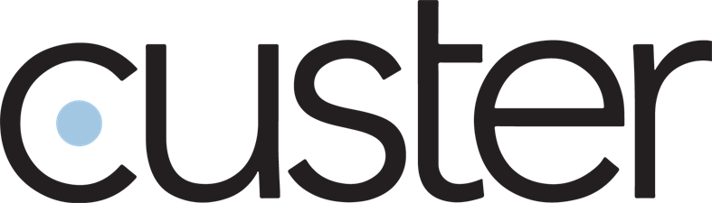 The word 'cluster' written in black lowercase letters with a blue dot above the 'u'.