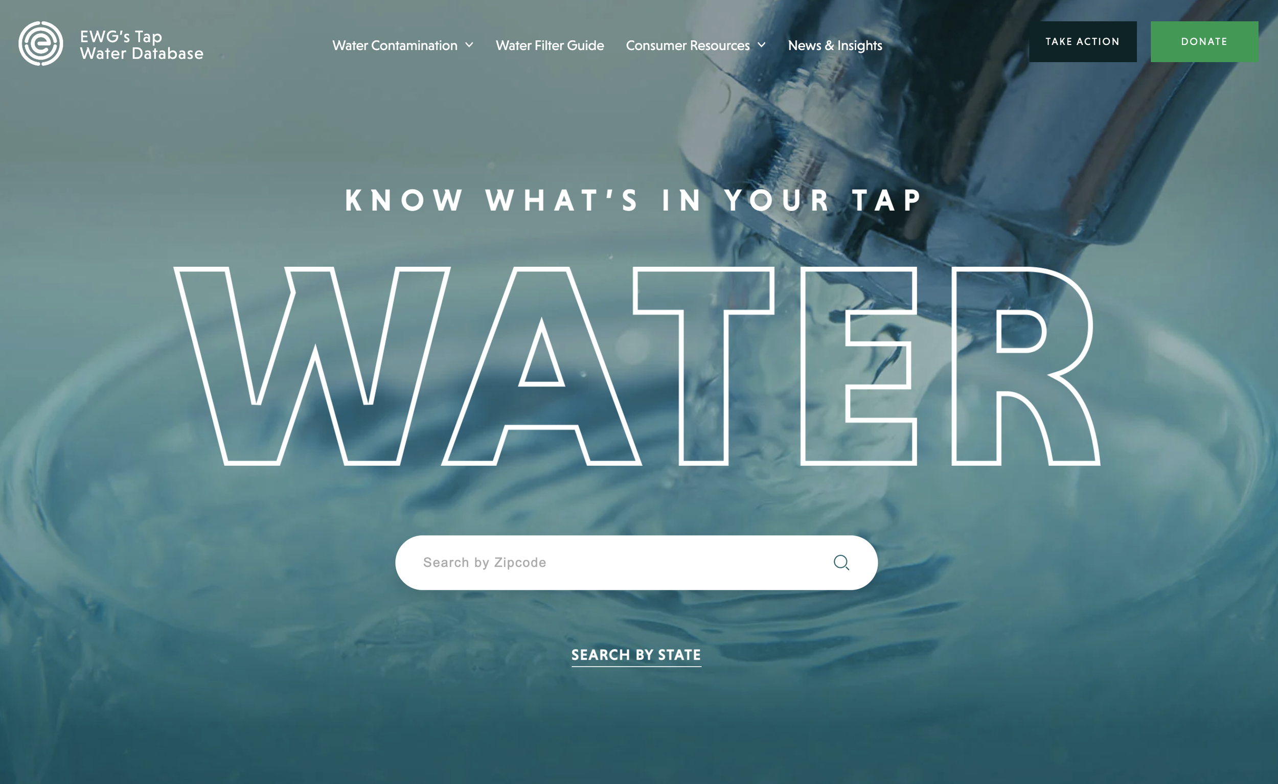 Screenshot of EWG's Tap Water Database homepage with a background image of water being poured into a glass, and text overlay emphasizing knowing what's in tap water.